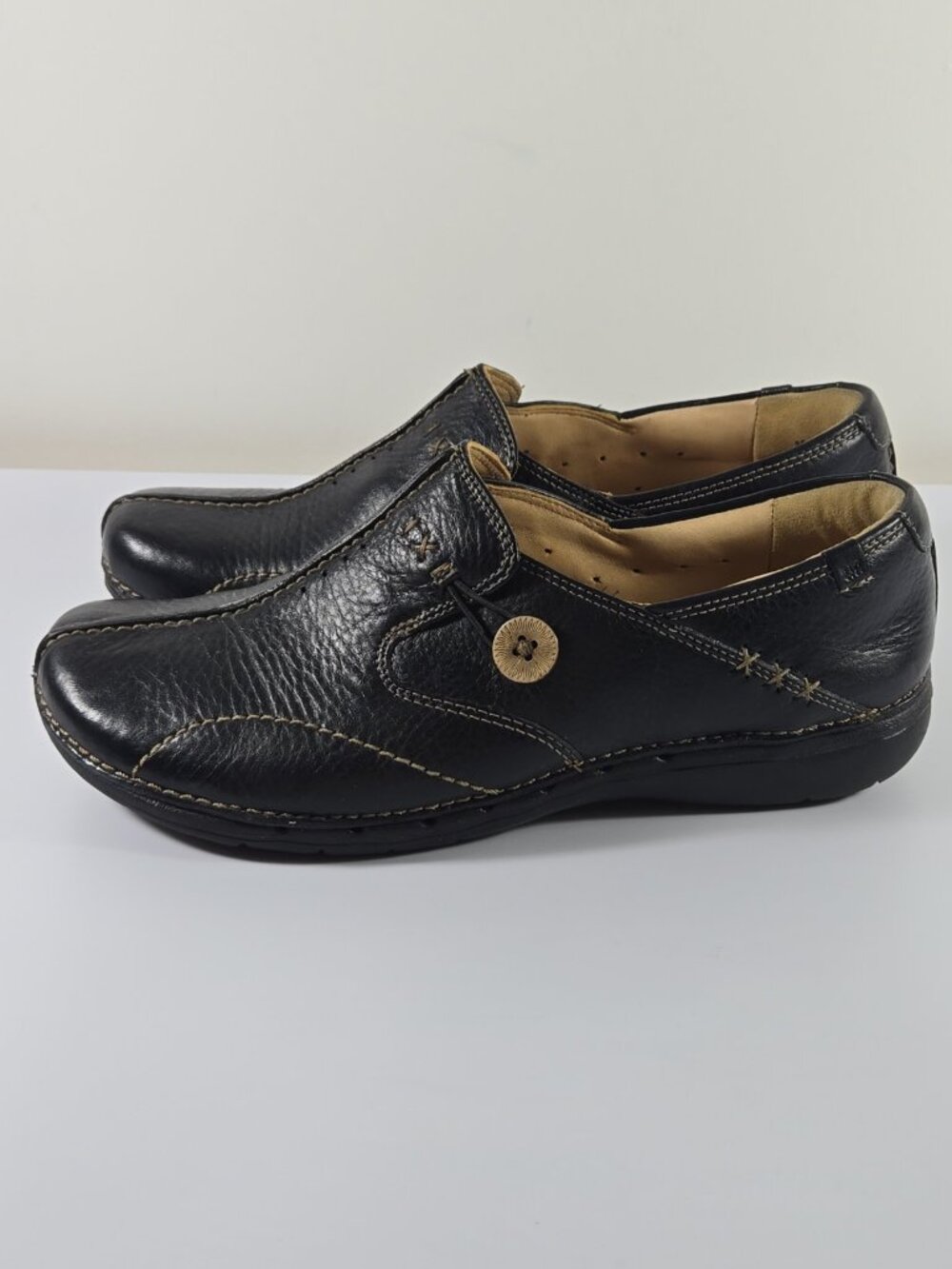 Clarks Unstructured Unloop Shoes Womens Size 11 Black Leather Slip On Comfort